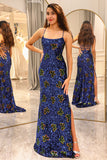 Sparkly Royal Blue Mermaid Spaghetti Straps Sequin Prom Dress With Slit