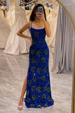 Sparkly Royal Blue Mermaid Spaghetti Straps Sequin Prom Dress With Slit