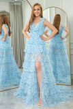 Blue A Line Tulle V Neck Pleated Tiered Long Prom Dress With Slit