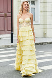 Gorgeous A Line Sweetheart Corset Yellow Prom Dress with Appliques Ruffles