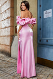 Sparkly Pink Mermaid Off Shoulder Meringue Ruffle Prom Dress With Slit