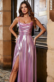 Pink A Line Spaghetti Straps Pleated Long Prom Dress With Slit