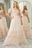Champagne A Line Square Neck Pleated Long Prom Dress With Short Sleeves