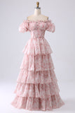 Blush A-Line Tiered Corset Prom Dress With Puff Sleeves