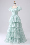 Green A-Line Off The Shoulder Tiered Corset Prom Dress With Puff Sleeves