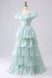 Light Blue A-Line Off The Shoulder Tiered Corset Prom Dress With Puff Sleeves