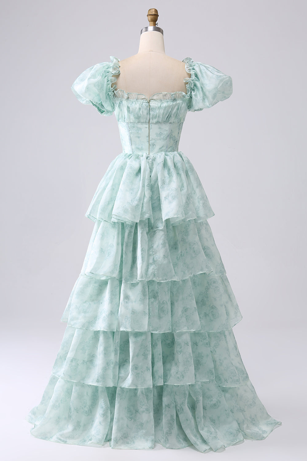 Light Blue A-Line Off The Shoulder Tiered Corset Prom Dress With Puff Sleeves