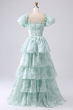 Light Blue A-Line Tiered Corset Prom Dress With Puff Sleeves
