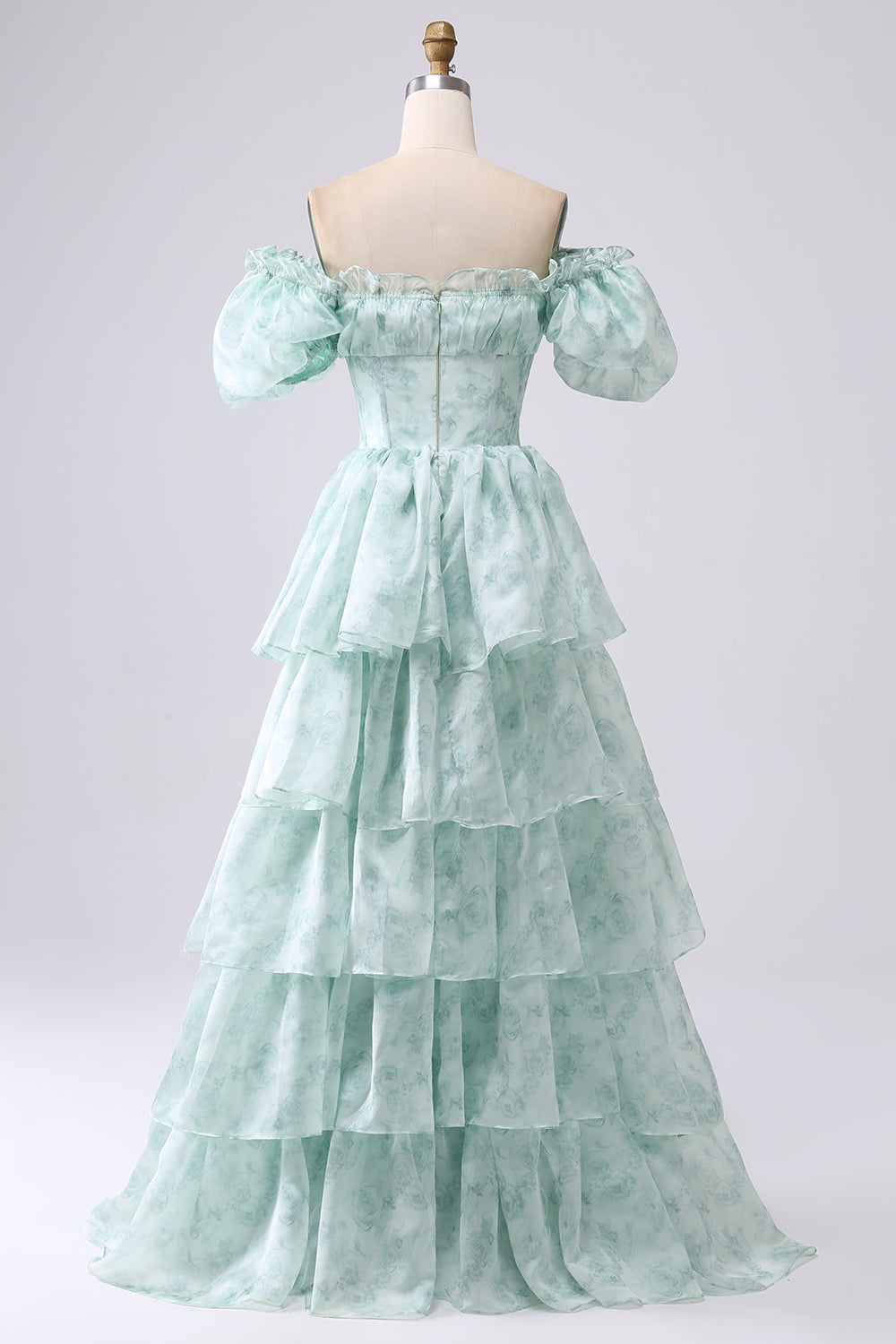 Green A-Line Off The Shoulder Tiered Corset Prom Dress With Puff Sleeves