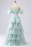 Green A-Line Off The Shoulder Tiered Corset Prom Dress With Puff Sleeves