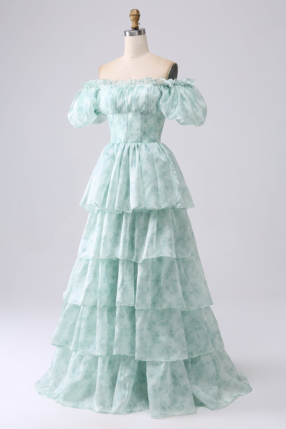 Green A-Line Off The Shoulder Tiered Corset Prom Dress With Puff Sleeves