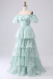 Green A-Line Off The Shoulder Tiered Corset Prom Dress With Puff Sleeves