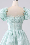 Green A-Line Off The Shoulder Tiered Corset Prom Dress With Puff Sleeves