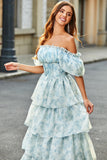 Light Blue A-Line Off The Shoulder Tiered Corset Prom Dress With Puff Sleeves