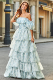 Light Blue A-Line Off The Shoulder Tiered Corset Prom Dress With Puff Sleeves