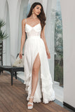 Simple White Ruffled Chiffon Corset High School Party Dress with Slit