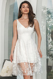 Classy A-Line V-Neck Flower Lace Short White Graduation Dress