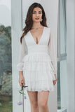 Cute White A-Line Deep V Neck Short Tiered Graduation Dress With Long Sleeves