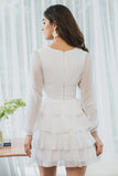 Cute White A-Line Deep V Neck Short Tiered Graduation Dress With Long Sleeves