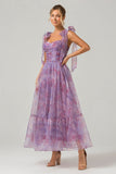 Purple A Line Pleated Printed Tea-Length Bridesmaid Dress