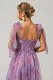 Purple A Line Pleated Printed Tea-Length Bridesmaid Dress