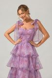 Purple Printed A Line Tiered Tea-Length Bridesmaid Dress