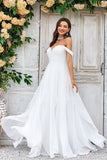 Ivory A-line Off the Shoulder Sweep Train Chiffon Wedding Dress With Lace