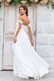 Ivory A-line Off the Shoulder Sweep Train Chiffon Wedding Dress With Lace