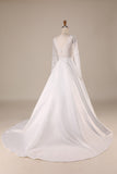 Ivory A Line Tulle Backless Wedding Dress with Long Sleeves