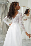 Ivory A-Line V-Neck Sweep Train Satin Wedding Dress with Long Sleeves