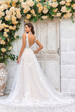 Ivory A Line V-Neck Sweep Train Tulle Wedding Dress with Lace