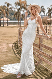 Ivory Mermaid Spaghetti Straps Chapel Train Lace Wedding Dress