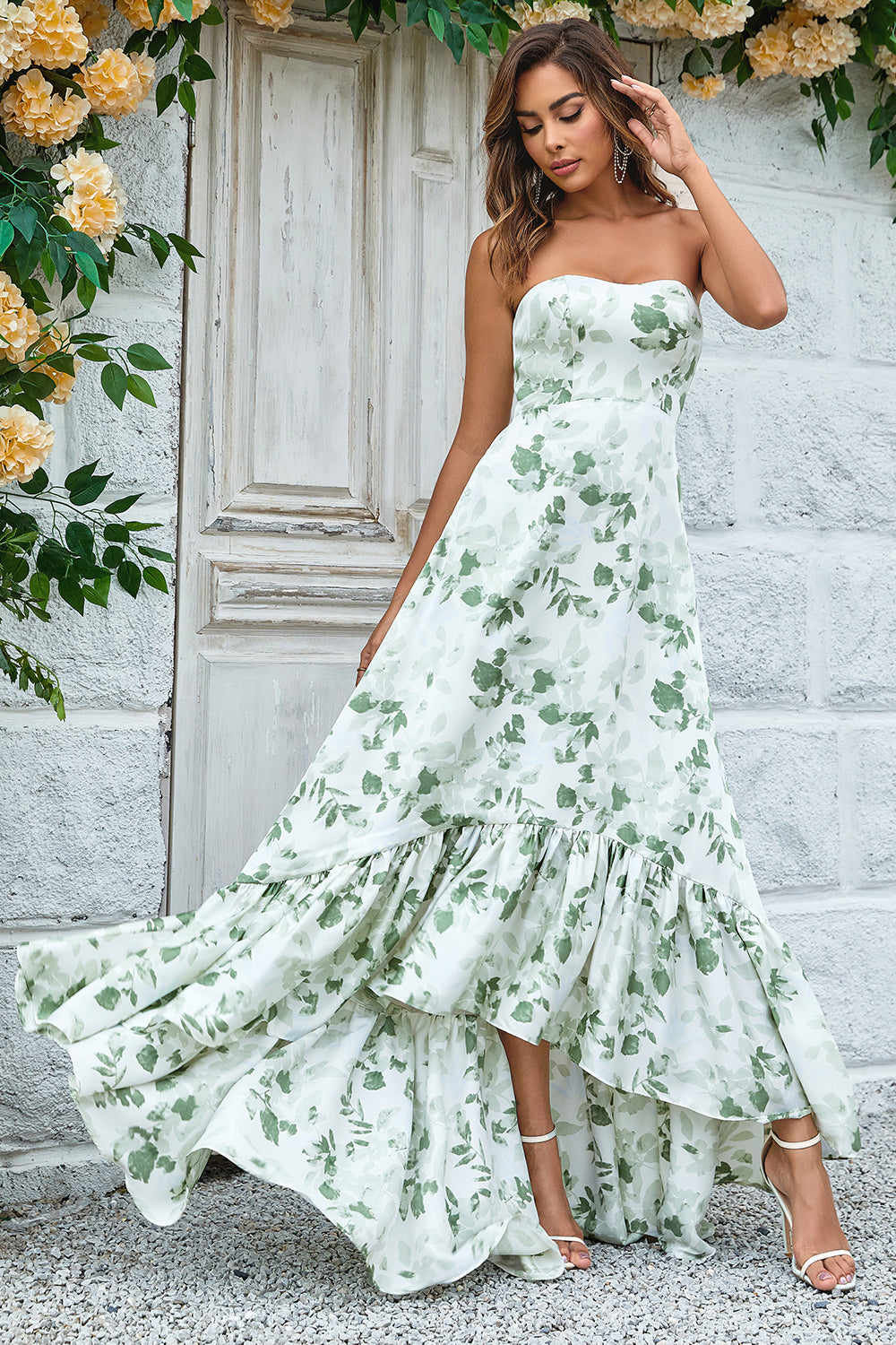 Green Asymmetrical Strapless Print Floral Long Bridesmaid Dress with Pocket