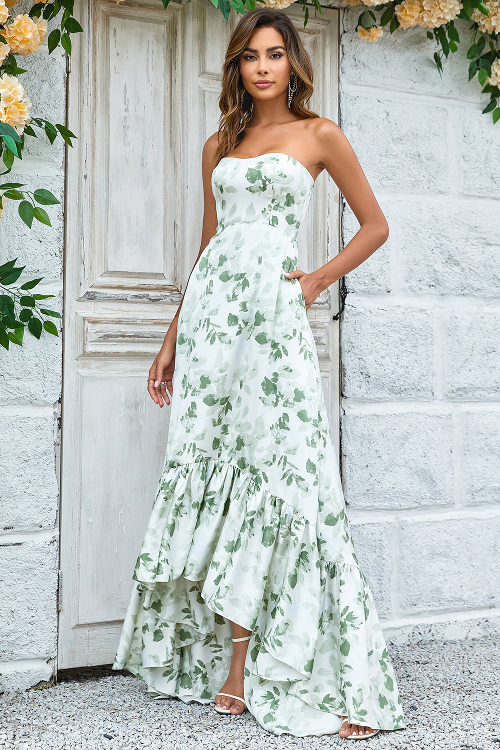 Green Asymmetrical Strapless Print Floral Long Bridesmaid Dress with Pocket