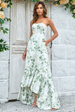 Green Asymmetrical Strapless Print Floral Long Bridesmaid Dress with Pocket