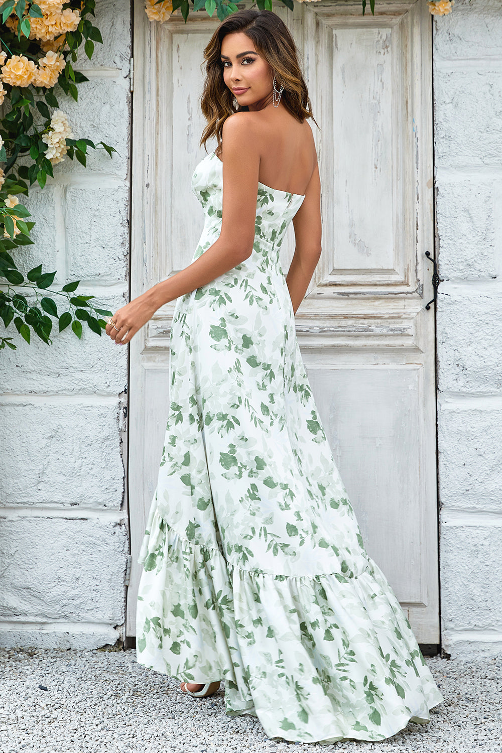 Green Asymmetrical Strapless Print Floral Long Bridesmaid Dress with Pocket