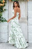 Green Asymmetrical Strapless Print Floral Long Bridesmaid Dress with Pocket