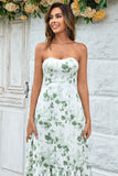 Green Asymmetrical Strapless Print Floral Long Bridesmaid Dress with Pocket