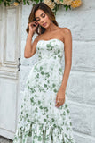 Green Asymmetrical Strapless Print Floral Long Bridesmaid Dress with Pocket
