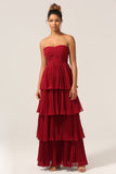 Burgundy A-Line Sweetheart Tiered Floor Length Chiffon Bridesmaid Dress