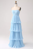 Sky Blue A-Line Sweetheart Tiered Floor Length Chiffon Bridesmaid Dress