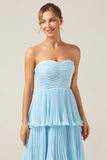 A-Line Sweetheart Tiered Floor Length Chiffon Sky Blue Bridesmaid Dress
