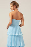 A-Line Sweetheart Tiered Floor Length Chiffon Sky Blue Bridesmaid Dress