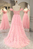 Pink A-line Off The Shoulder Long Prom Dress with 3D Flowers