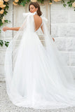 Ivory A Line V-Neck Polka dots Sweep Train Tulle Wedding Dress