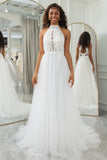 Ivory A-Line Halter Sweep Train Tulle Boho Bridal Dress with Lace