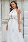 Ivory A-Line Halter Sweep Train Tulle Boho Wedding Dress with Lace
