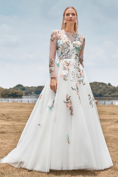 wedding dresses with flowers embroidered A-line wedding dress with floral embroidery