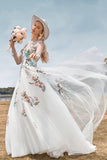 Ivory Flower A-Line Round Neck Long Wedding Dress with Long Sleeves