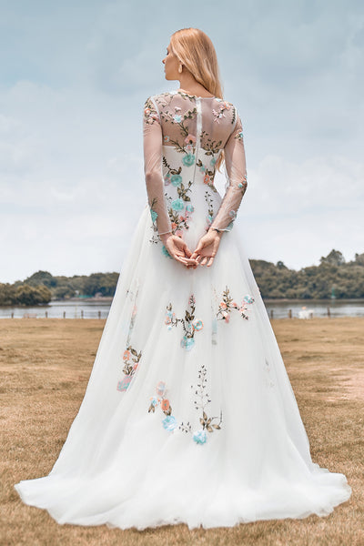 chinese dress ladies Wedtrend Women Ivory Flower Bridal Dress A-Line Round Neck Long Wedding Dress with Long Sleeves, Ivory Flower / US12
